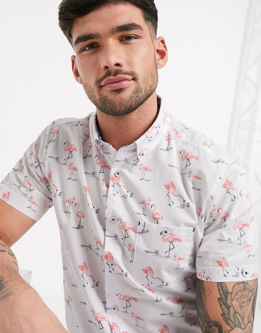 Burton Menswear - Poplin overhemd met flamingo-print in wit