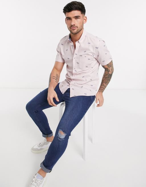 Burton Menswear poplin zebra print shirt in pink ASOS