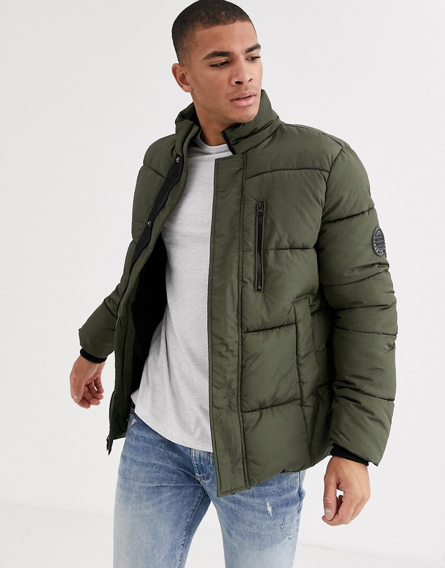 Burton Menswear puffer jacket in khaki-Green
