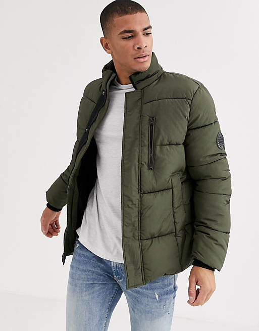 Burton Menswear puffer jacket in khaki | ASOS