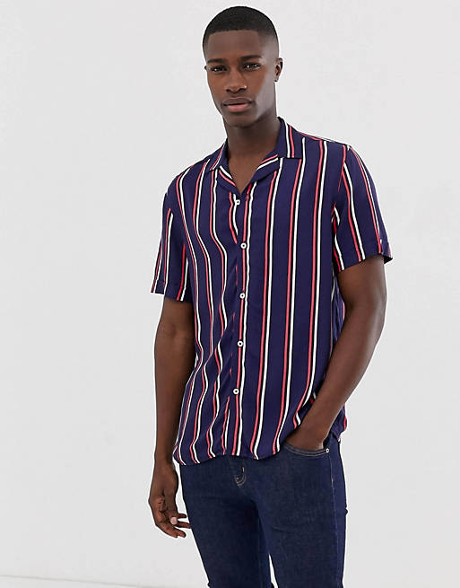 Burton Menswear revere shirt with stripes in navy | ASOS