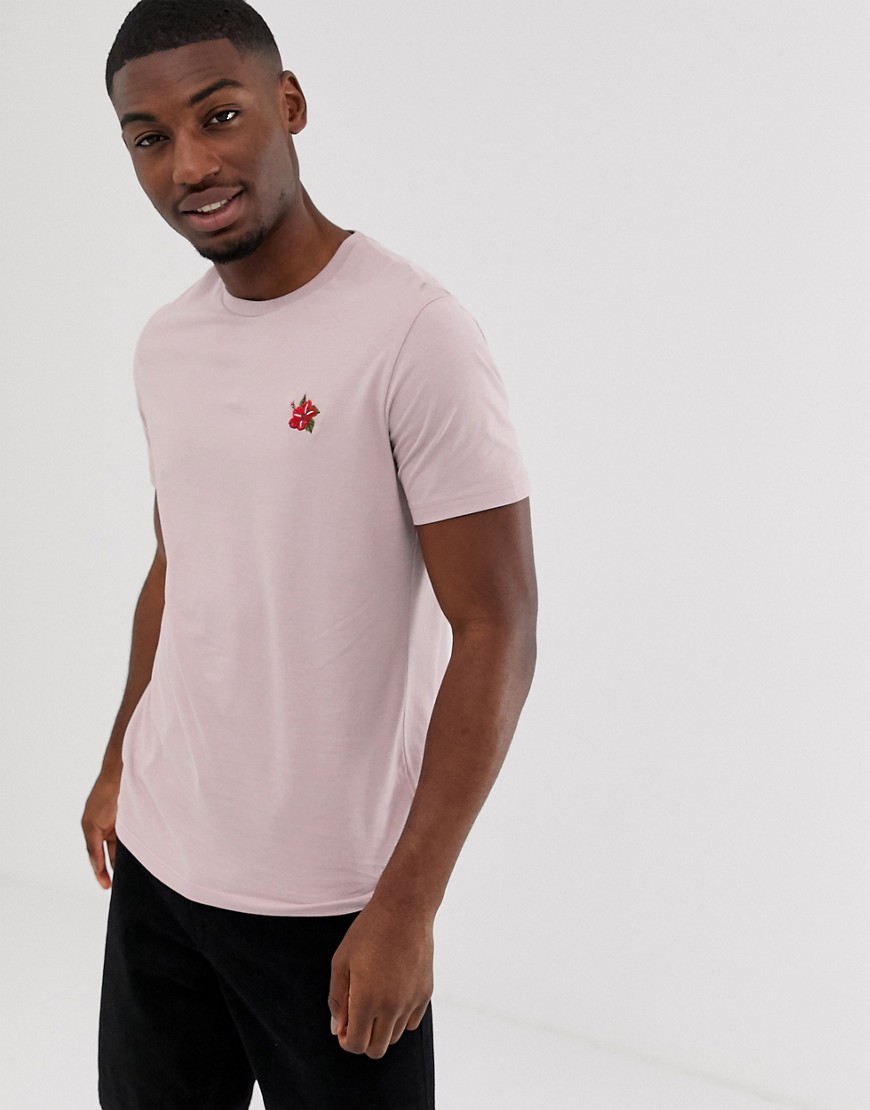 Burton Menswear – Rosa t-shirt med hibiskusbroderi