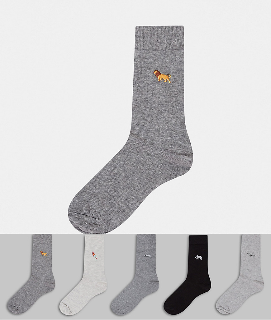 Burton Menswear - Set van 5 paar sokken met geborduurde dieren in verschillende kleuren-Grijs
