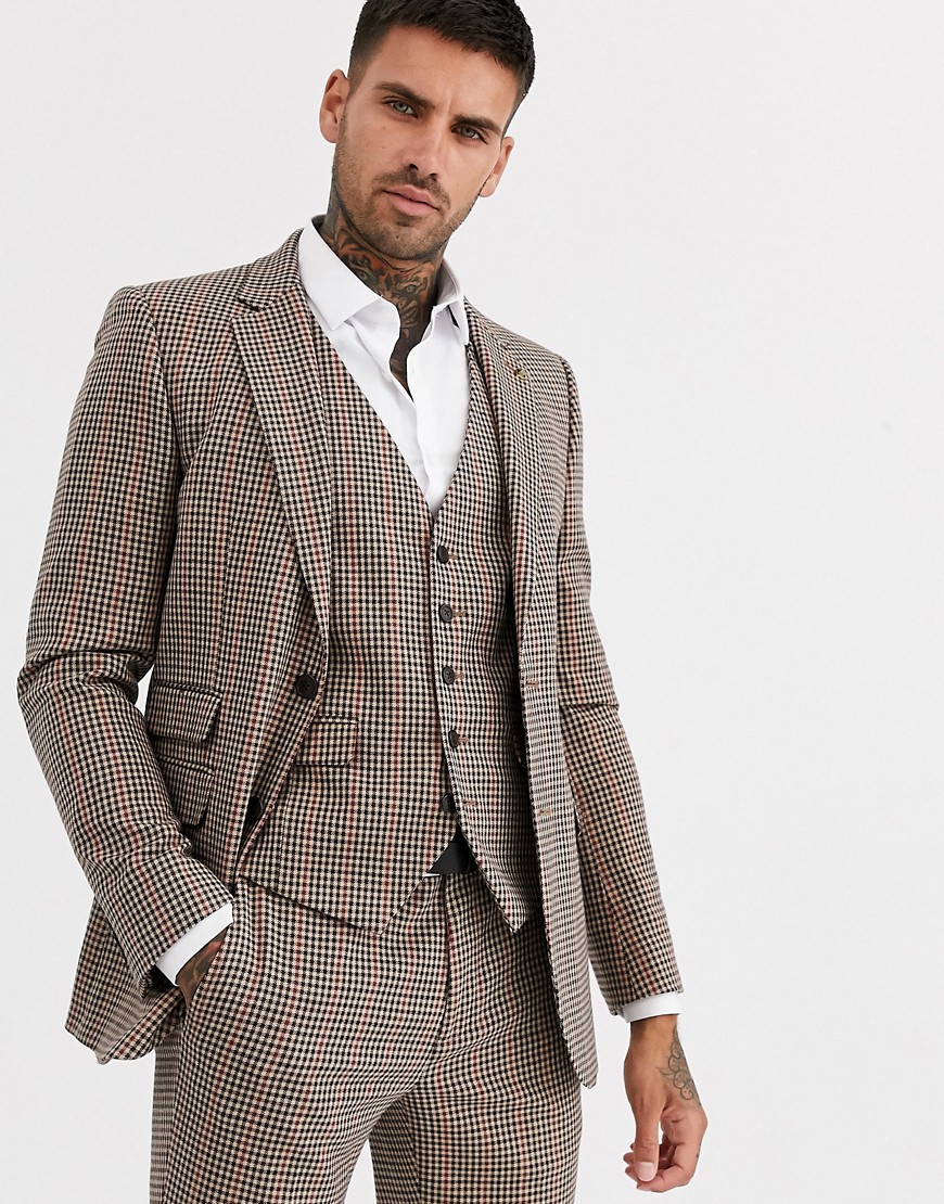 Burton Menswear skinny fit jacket in house check-Brown