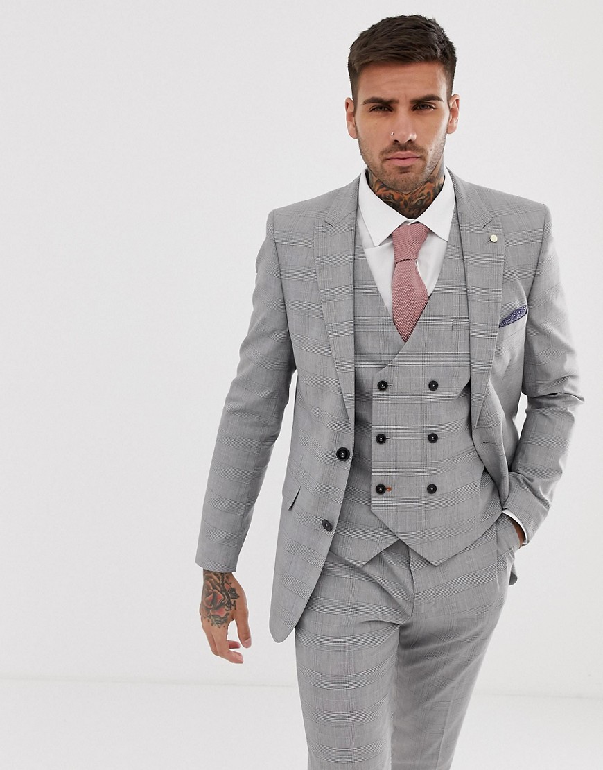 Burton Menswear skinny fit suit jacket in grey check-Beige