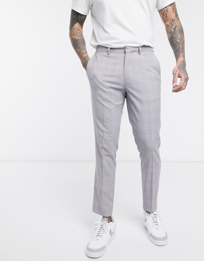 Burton Menswear - Skinny geruite nette broek in grijs met roze
