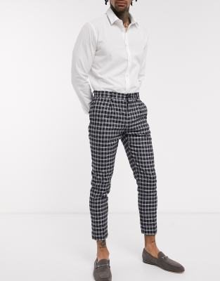 white and black checkered trousers