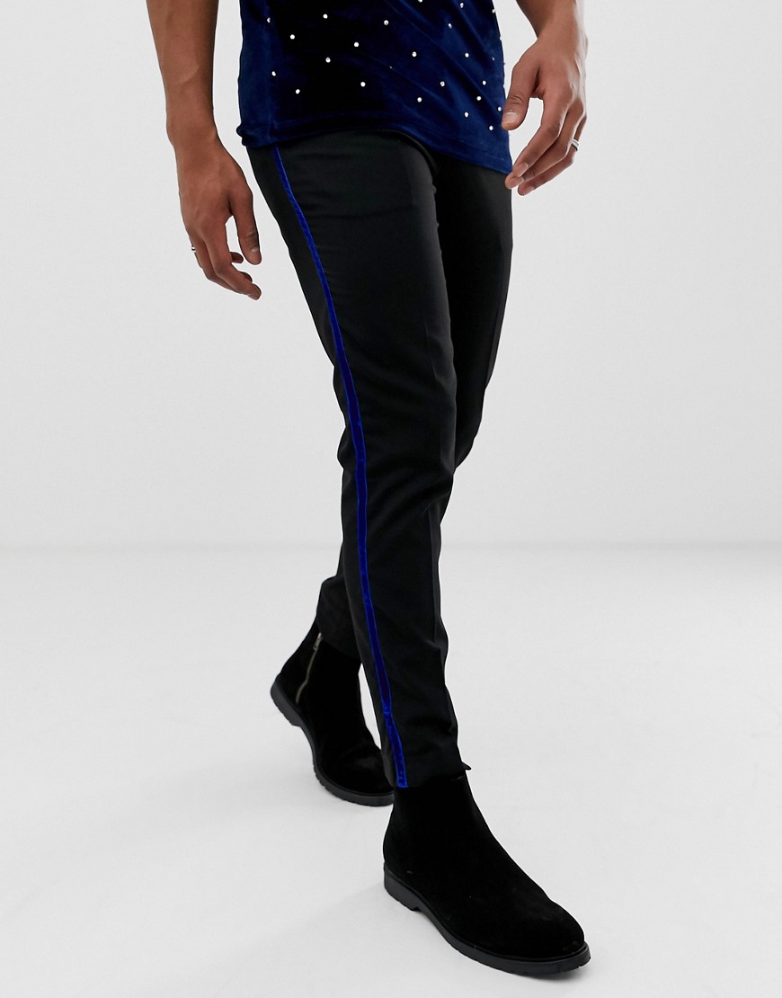 Burton Menswear slim fit trousers with cobalt velvet side stripe in black