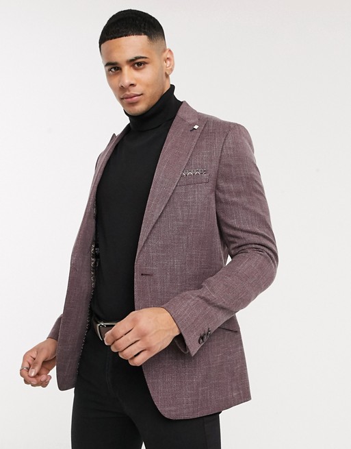 Burton Menswear slim textured blazer in burgundy