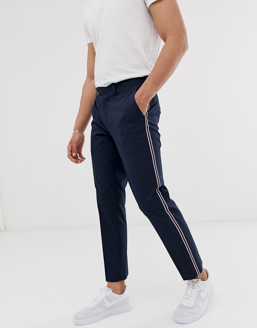Burton Menswear slim trousers with side stripe in navy