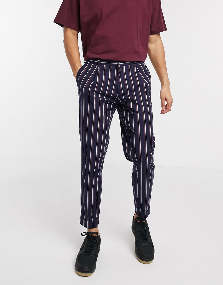 Burton Menswear - Smaltoelopende gestreepte broek in marineblauw en oranje