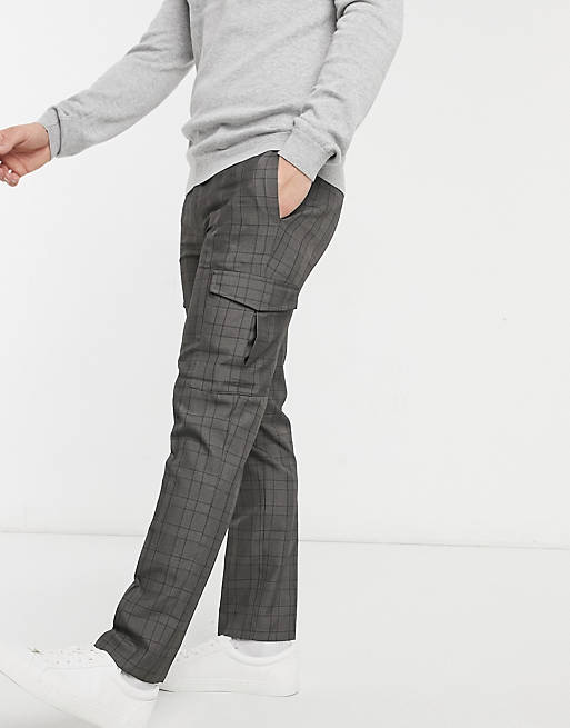 Burton Menswear smart check trousers with cargo pockets in grey