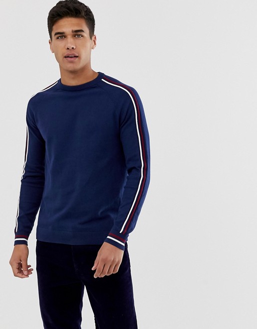 Burton Menswear sports crew neck jumper with sleeve piping in blue | ASOS