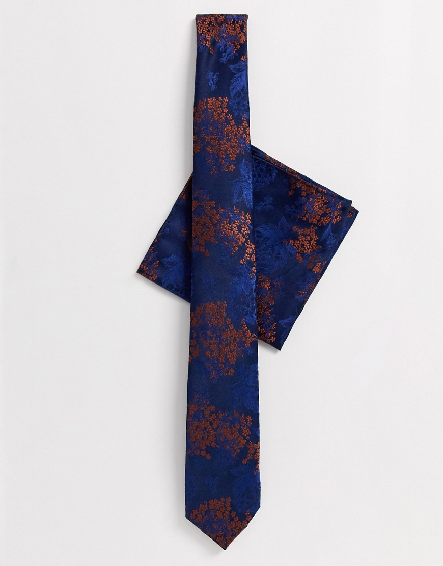 Burton Menswear - Stropdas-set in marineblauw met oranje bloemenprint