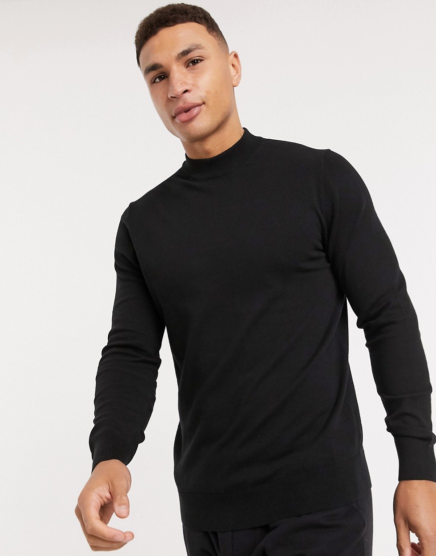 Burton Menswear – Svart, stickad tröja i ekologiskt material med halvpolokrage