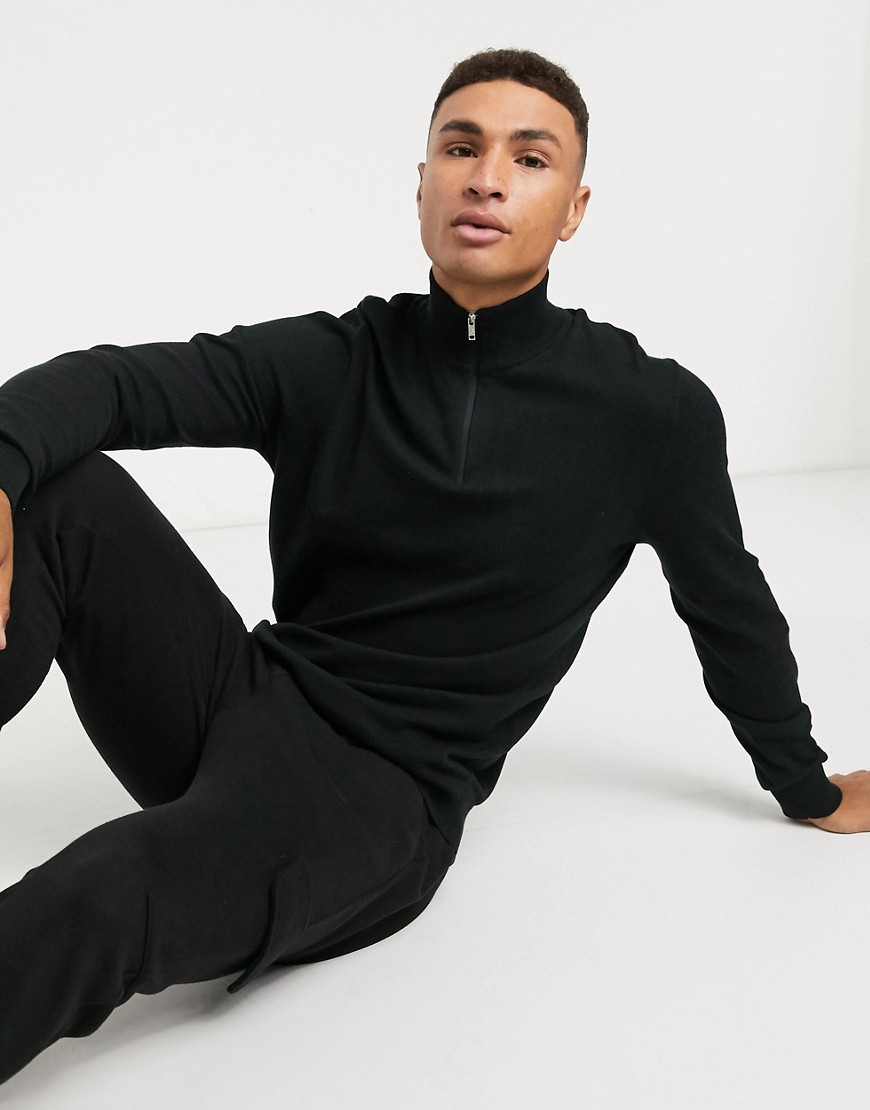 Burton Menswear – Svart stickad tröja i ekologiskt material med kort dragkedja