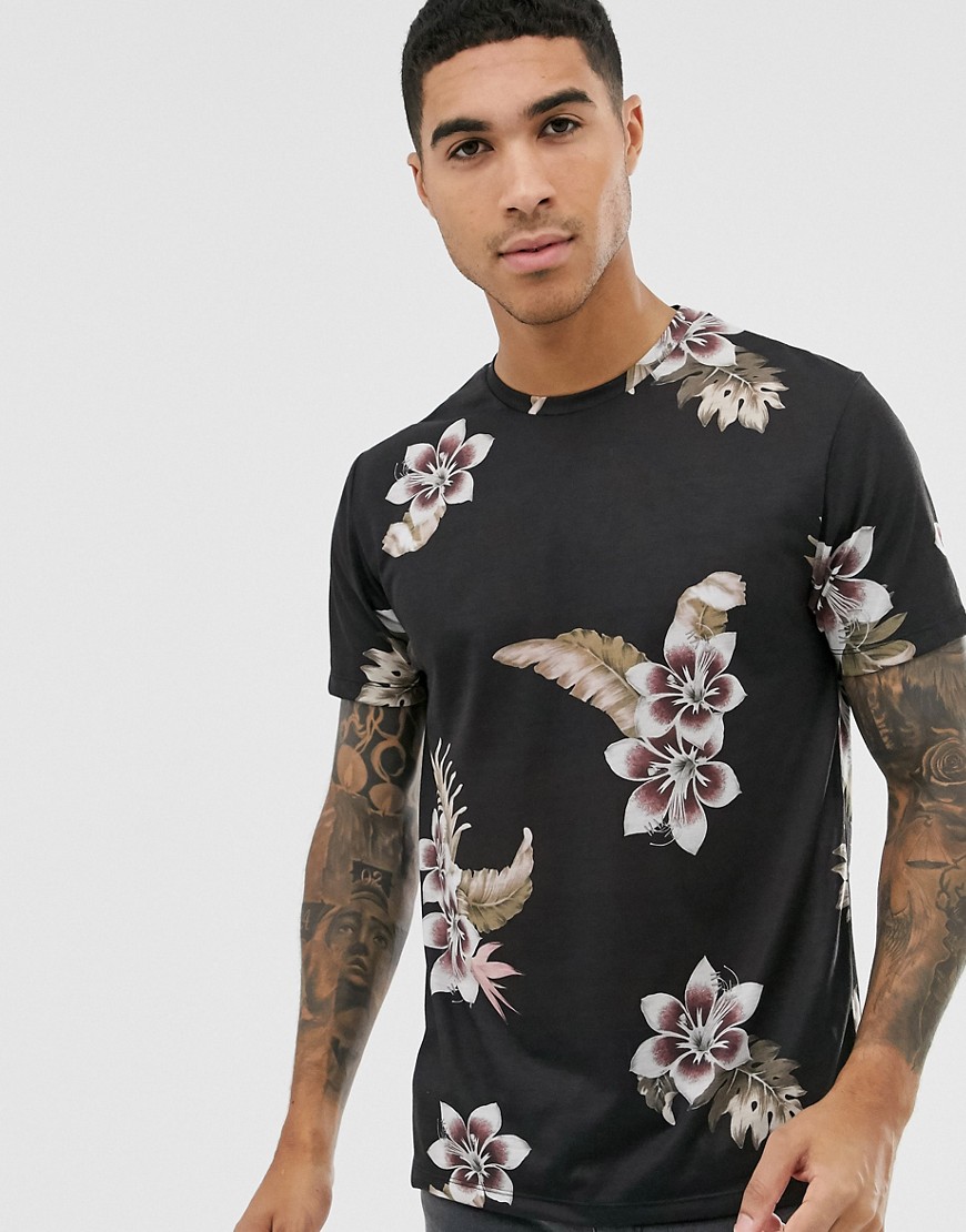 Burton Menswear – Svart t-shirt med blommigt tryck-Rosa