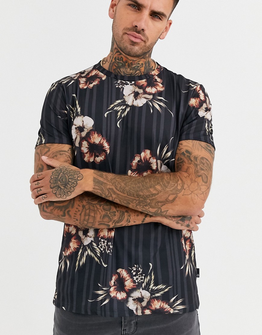 Burton Menswear - T-shirt a fiori e righe-Nero