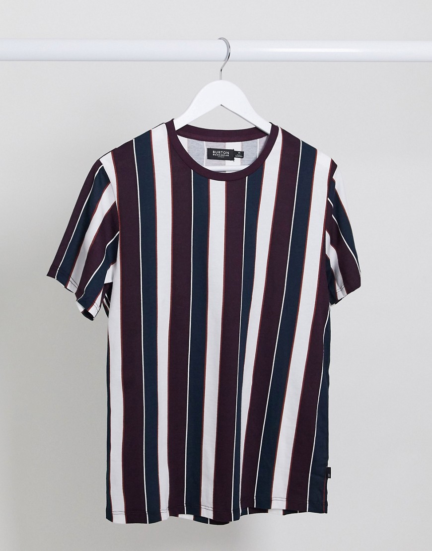 Burton Menswear - T-shirt met brede strepen in bordeauxrood en marineblauw