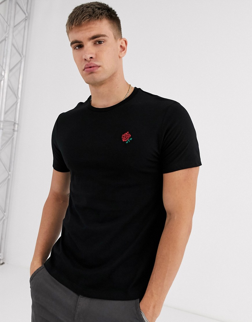 Burton Menswear - T-shirt met geborduurde rozen in zwart