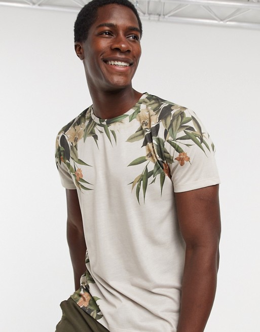 Burton Menswear t-shirt with floral placement in stone