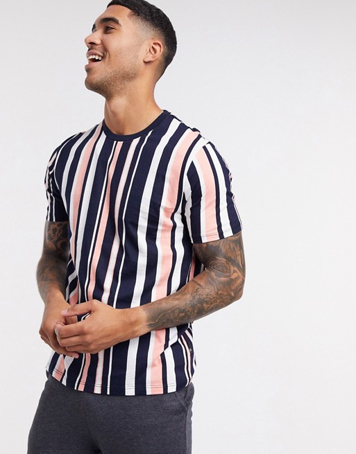 Burton Menswear t-shirt with vertical stripe coral & navy