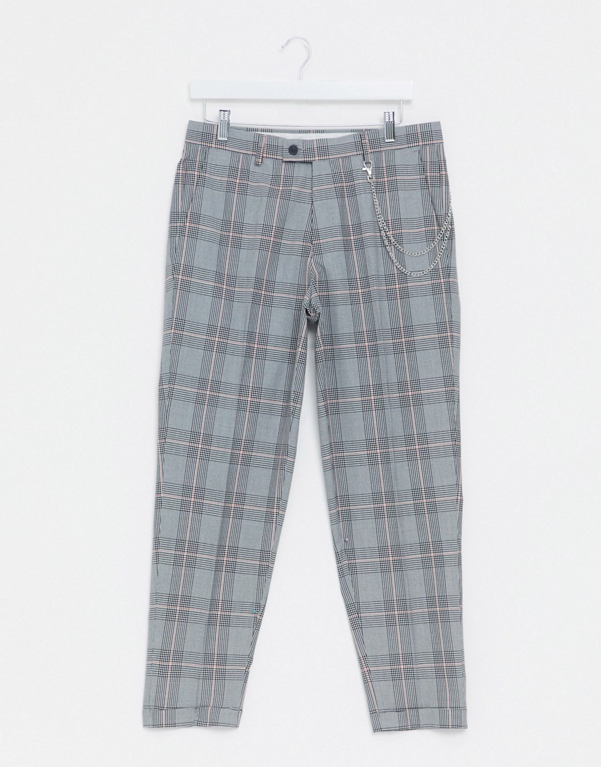 Burton Menswear tapered smart trousers with chain in grey check-Orange
