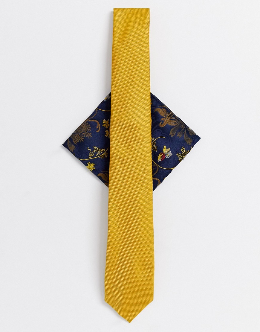 Burton Menswear tie set in mustard with navy pocket square-Yellow