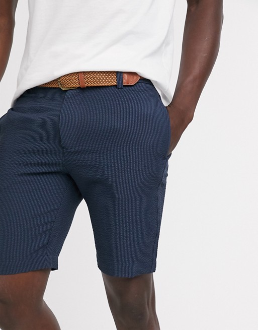 Burton Menswear tonal gingham seersucker shorts with belt in navy