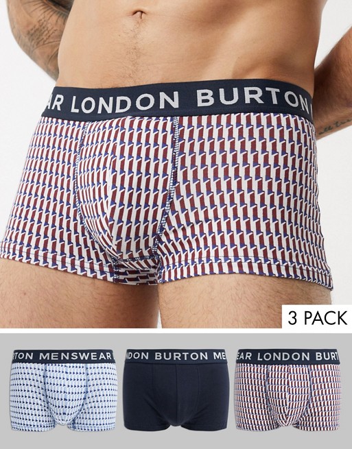 Burton Menswear 3 pack trunks in multi geo print