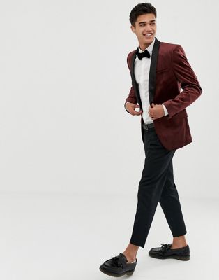 Burton Menswear velvet blazer in burgundy | ASOS