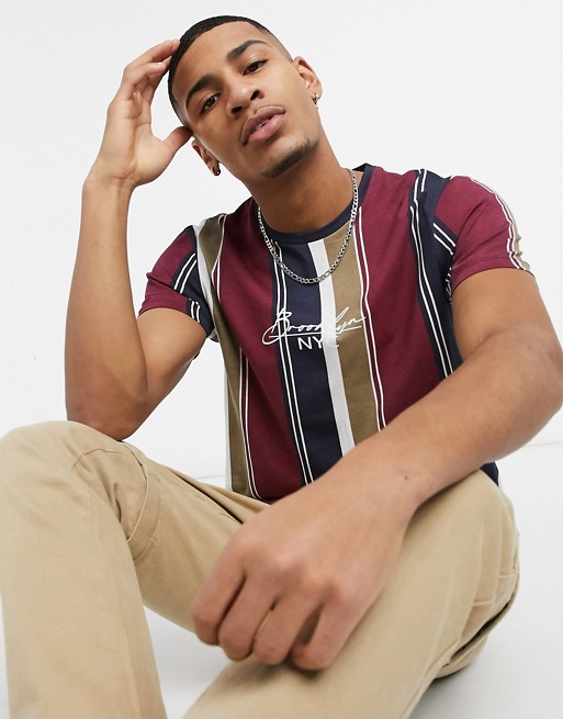 Burton Menswear vertical stripe t-shirt with text print in burgundy