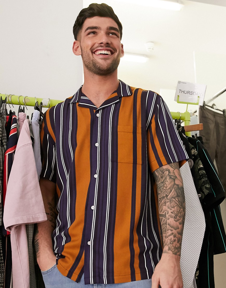 Burton Menswear - Viscose gestreept overhemd in camelkleur-Lichtbruin