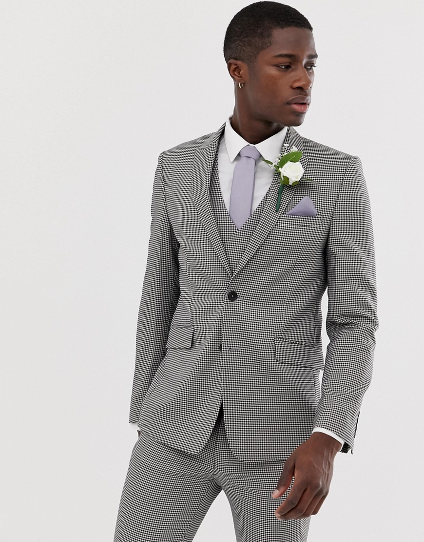 Burton Menswear wedding skinny suit jacket in bold house check-Black