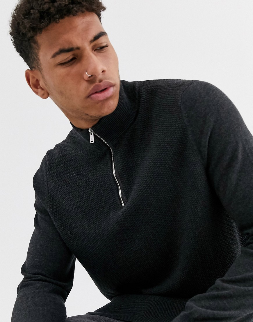 Burton Menswear zip neck jumper in charcoal-Grey