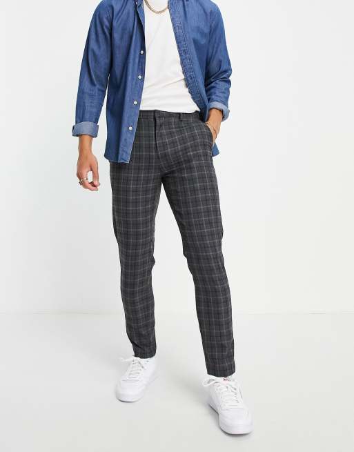 Burton skinny fit tartan check trousers in navy