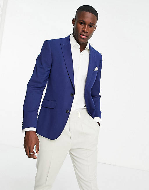 Burton slim fit texture slub suit jacket in mid blue