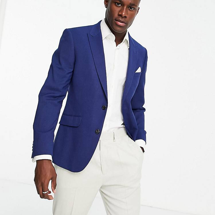 Burton slim fit texture slub suit jacket in mid blue | ASOS
