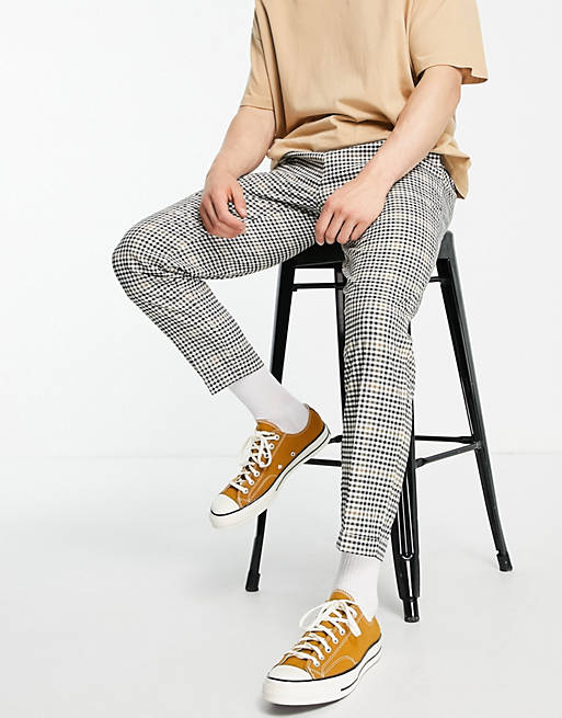 Burton tapered fit mini check cropped trousers in mid green