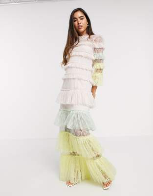 By Malina Carmine layered lace maxi dress in pastels-Multi