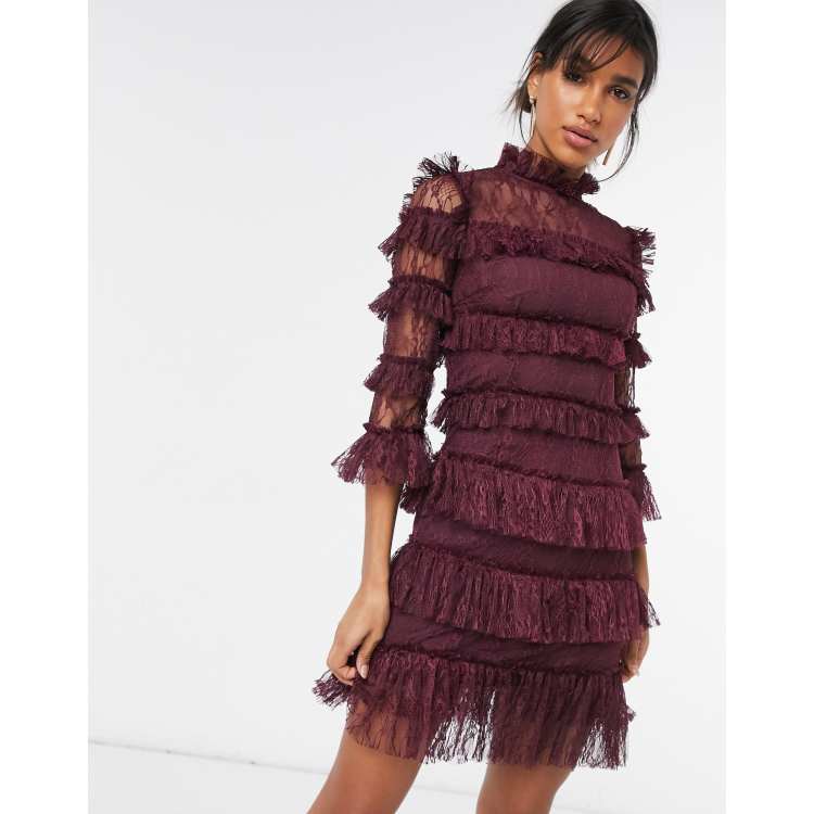 By Malina Carmine mini dress in velvet animal in deep plum ASOS