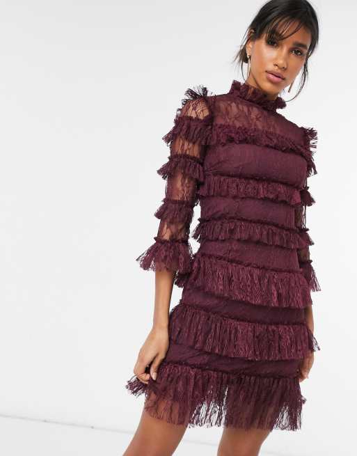 By Malina Carmine mini dress in velvet animal in deep plum ASOS