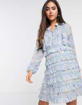 By Malina Freja tiered mini dress in blue floral