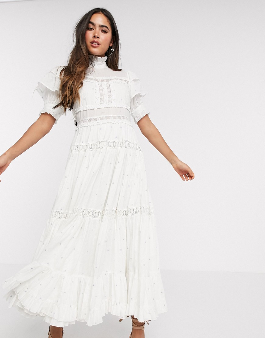 By Malina - Iro - Midi-jurk met kanten inzetstuk en fijne print-Multi