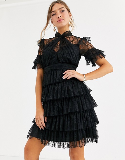 By Malina Liona lace tiered mini dress in black | ASOS