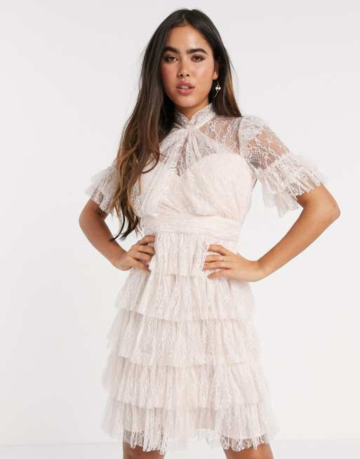 By Malina Liona lace tiered mini dress in blush