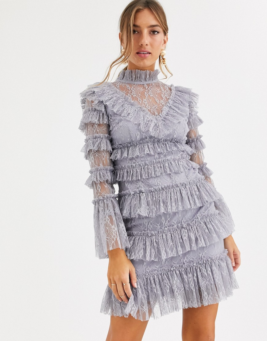 By Malina - Rosa - Kanten mini-jurk met laagjes in grijs