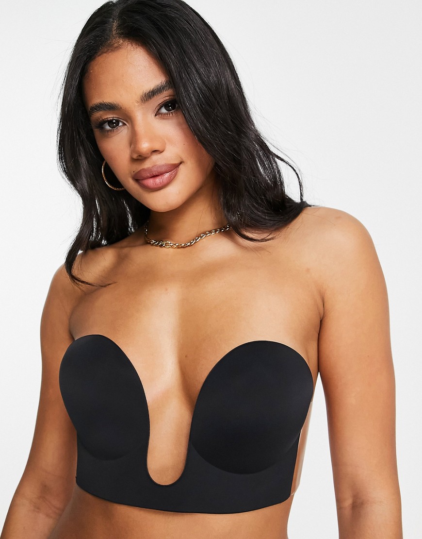 seamless U plunge backless and strapless stick on bra in black
