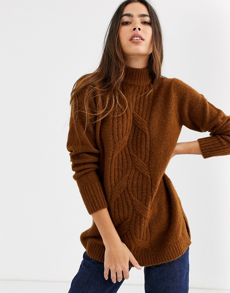 b.Young high neck cable knit jumper-Tan