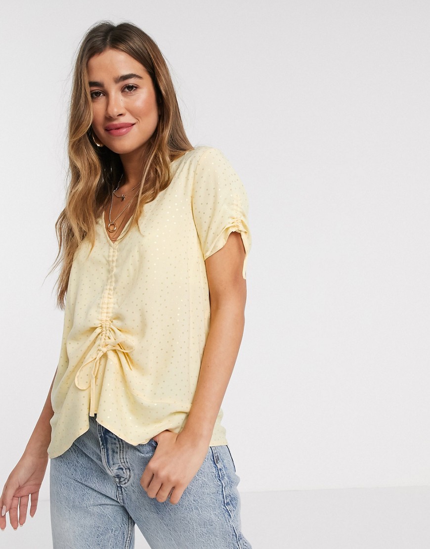 b.Young spotty jacquard top with waist tie-Yellow